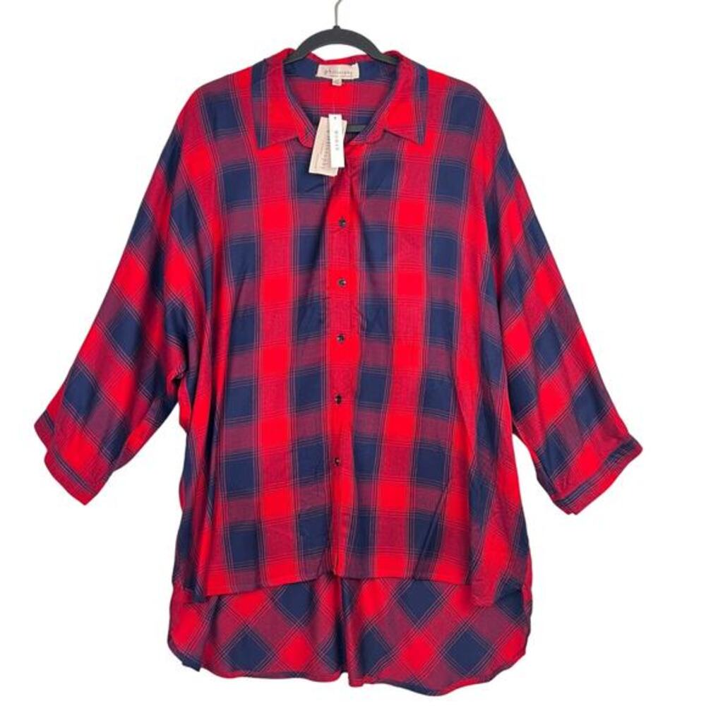NEW Philosophy 2X‎ Plus Lightweight Long Flannel Red/Blue Plaid Button Up Shirt